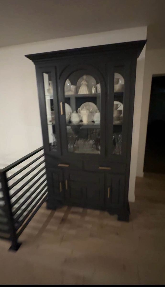 Dark Gray Display Cabinet with Glass Doors & Gold Hardware - Elegant Storage