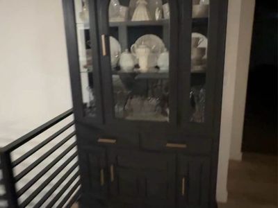 Dark Gray Display Cabinet with Glass Doors & Gold Hardware - Elegant Storage