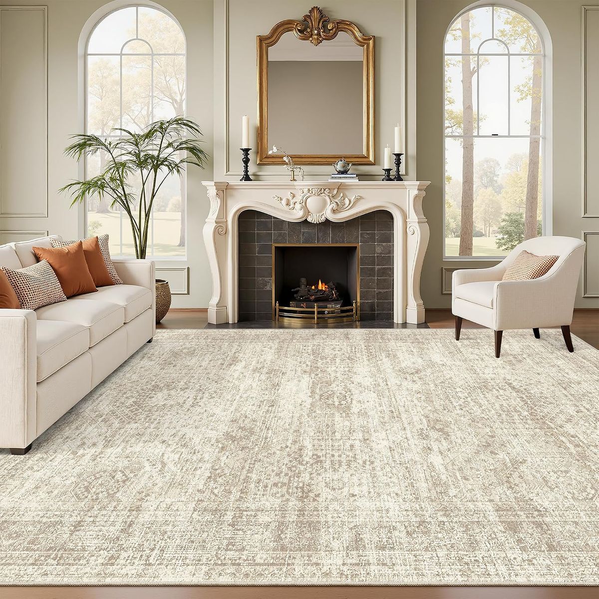NEW 9x12 Area Rugs for Living Room, Non Slip Machine Washable Vintage Rugs Beige Neutral