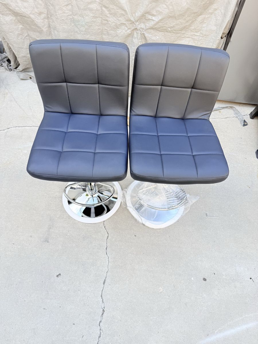 Set of 2 Modern Adjustable Bar Stools with Tufted Grey Faux Leather and Chrome Bases