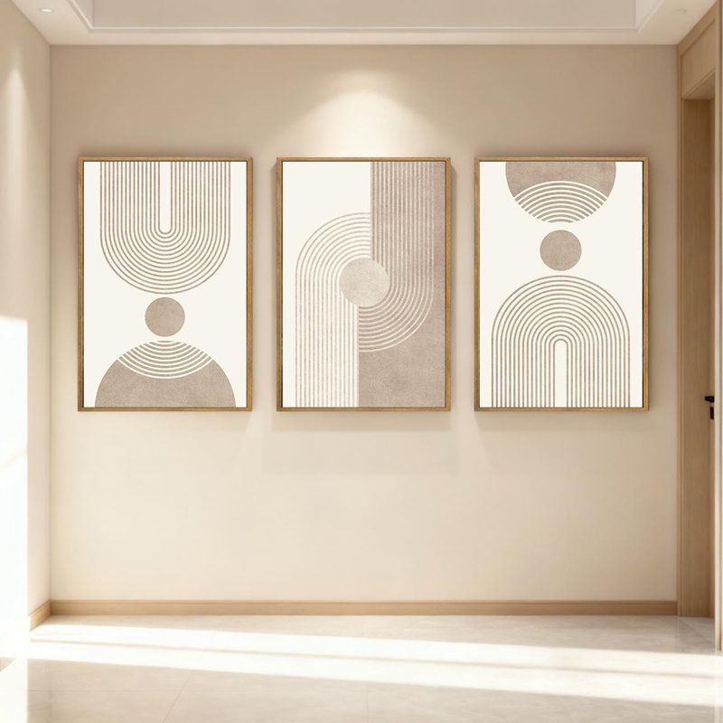 NEW 24x16 (3) Boho Neutral Canvas Wall Art, Framed Geometric Abstract Decor, Mid Century Modern