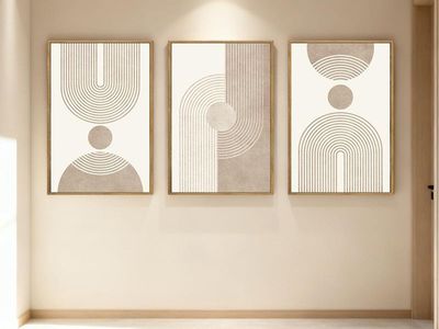 NEW 24x16 (3) Boho Neutral Canvas Wall Art, Framed Geometric Abstract Decor, Mid Century Modern