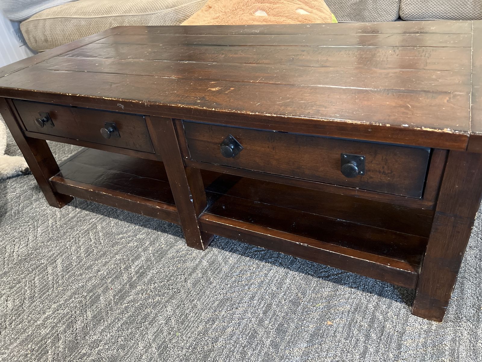 Pottery Barn Benchwright Dark Wood Coffee Table with 3 Drawers and Storage Shelf - Used, Rustic Charm