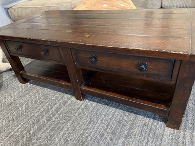 Pottery Barn Benchwright Dark Wood Coffee Table with 3 Drawers and Storage Shelf - Used, Rustic Charm