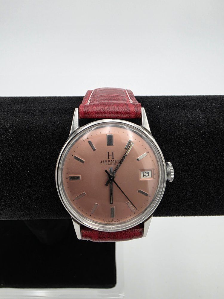 Vintage 1952 Hermes Antimagnetic Watch, Stainless Steel Back, Red Faux Alligator Strap