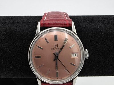 Vintage 1952 Hermes Antimagnetic Watch, Stainless Steel Back, Red Faux Alligator Strap