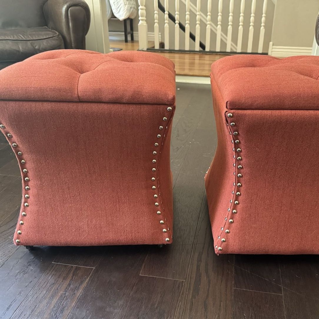 Set of 2 Terracotta Nailhead Trim Storage Ottomans with Wheels