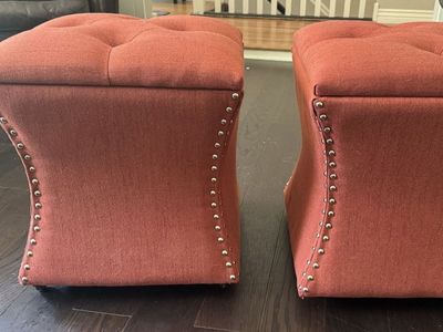 Set of 2 Terracotta Nailhead Trim Storage Ottomans with Wheels