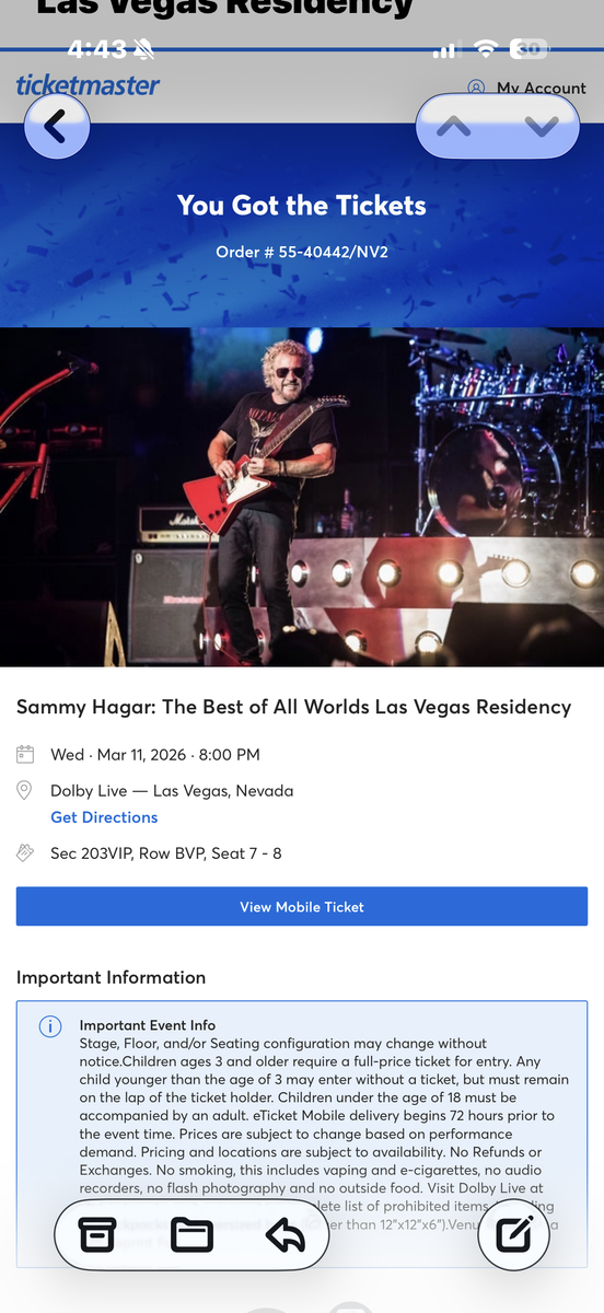 Sammy Hagar VIP Tickets Las Vegas March 11