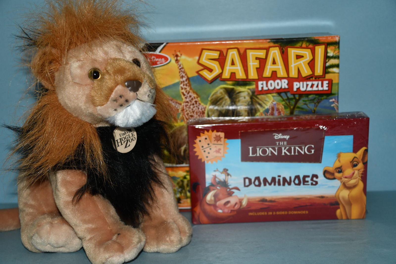 MELISSA & DOUG 100 PIECE "SAFARI" FLOOR PUZZLE + NWT LION STUFFED ANIMAL (10") + NIB LION KING DOMINOES