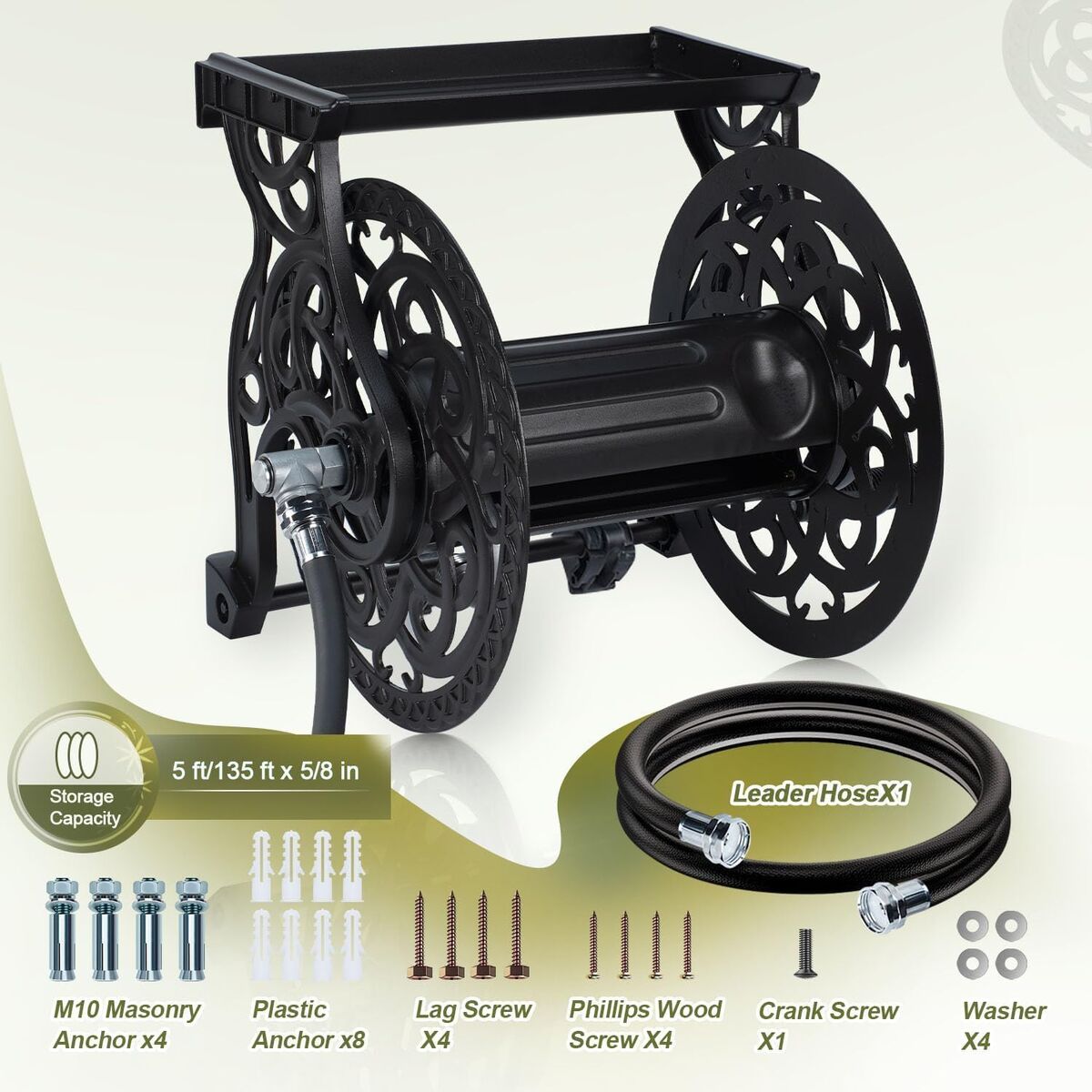 NEW Garden Hose Reel Wall Mount Metal, Holds 135 ft x 5/8" Decorative Water Hose Holder for Outside Storage Dark Bronze