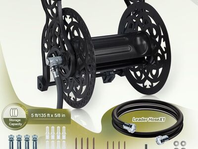 NEW Garden Hose Reel Wall Mount Metal, Holds 135 ft x 5/8" Decorative Water Hose Holder for Outside Storage Dark Bronze