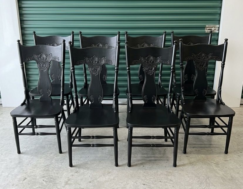 High-End Vintage Black "Rose Back" Solid Oak Dining Chairs (Set of 8)