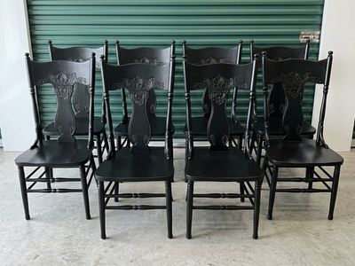 High-End Vintage Black "Rose Back" Solid Oak Dining Chairs (Set of 8)