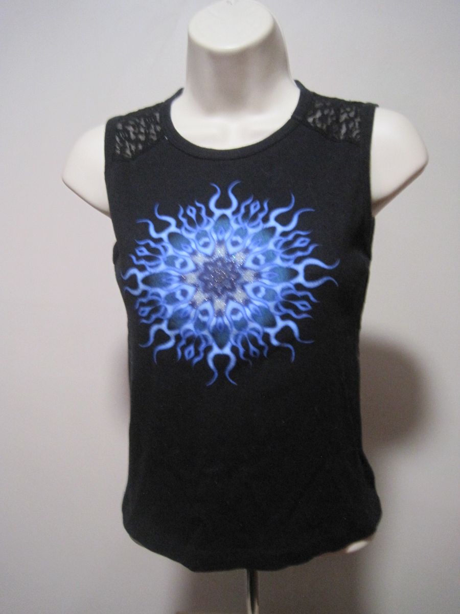 VINTAGE Fang Women's Medium Blue Flame Lace Shoulder Cotton Black Tank Top Y2K