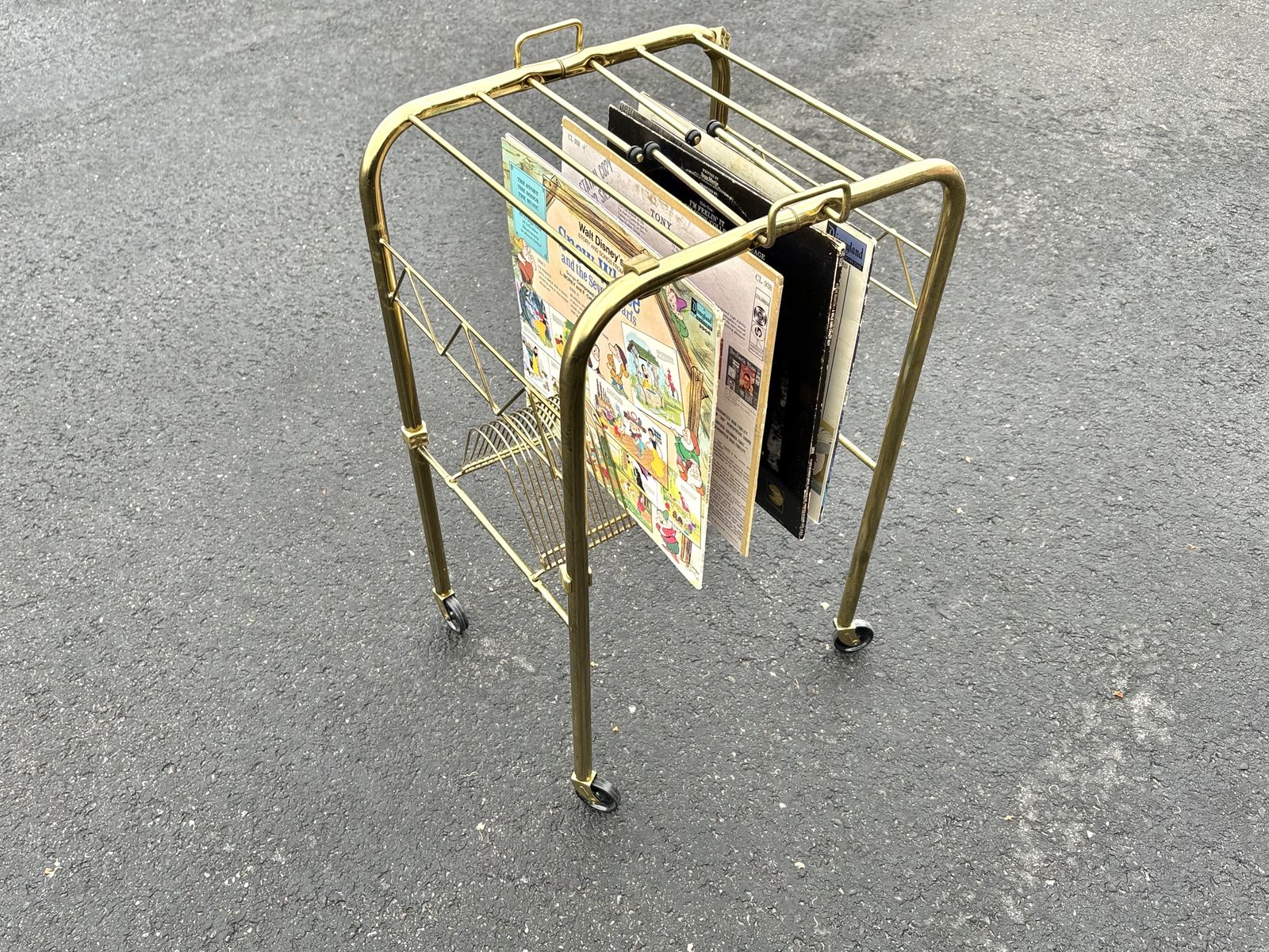 Vintage rolling record cart Vinyl LP storage and display Mid Century Modern MCM record player holder