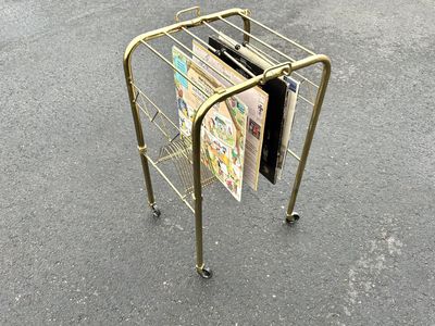 Vintage rolling record cart Vinyl LP storage and display Mid Century Modern MCM record player holder