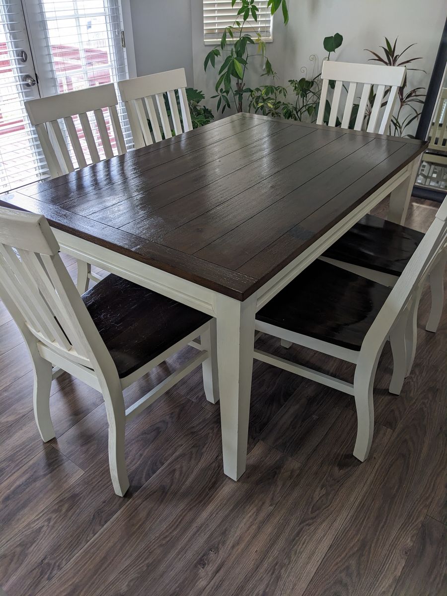 Farmhouse Dining Table and Six Chairs Set White and Dark Wood