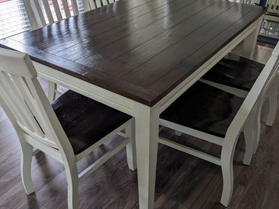 Farmhouse Dining Table and Six Chairs Set White and Dark Wood