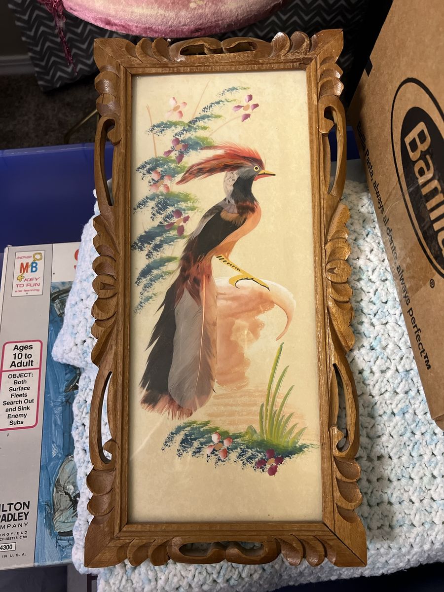 Vintage Handcrafted Feather Bird Wall Art in Carved Wood Frame - 14” x 6”