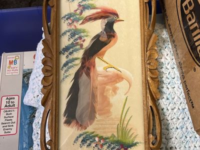 Vintage Handcrafted Feather Bird Wall Art in Carved Wood Frame - 14” x 6”