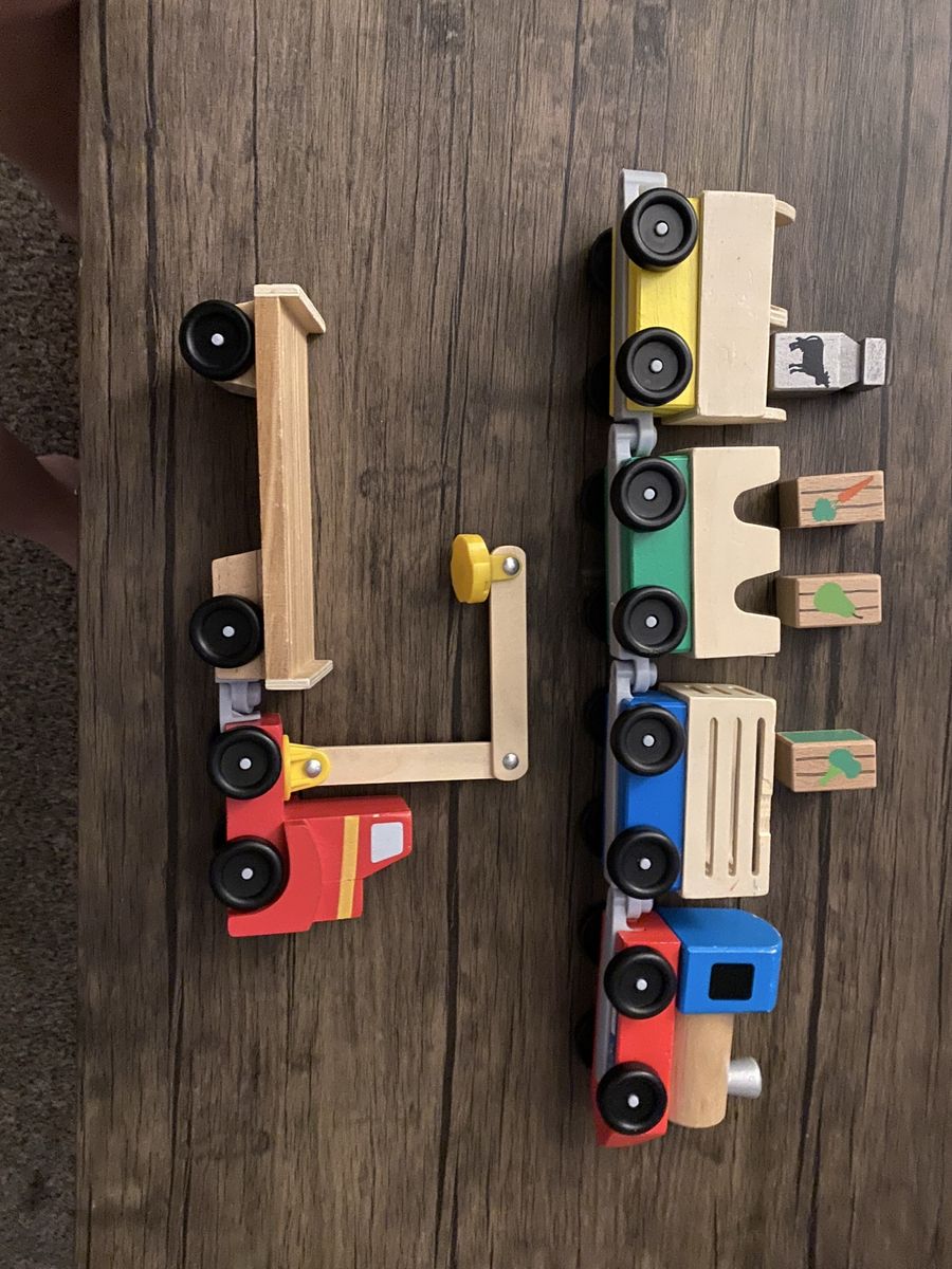 Melissa and Doug wooden train set & tow truck.