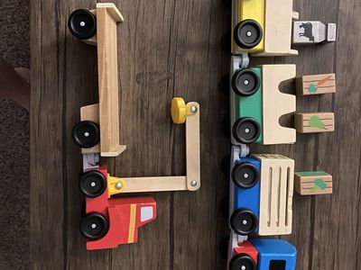 Melissa and Doug wooden train set & tow truck.