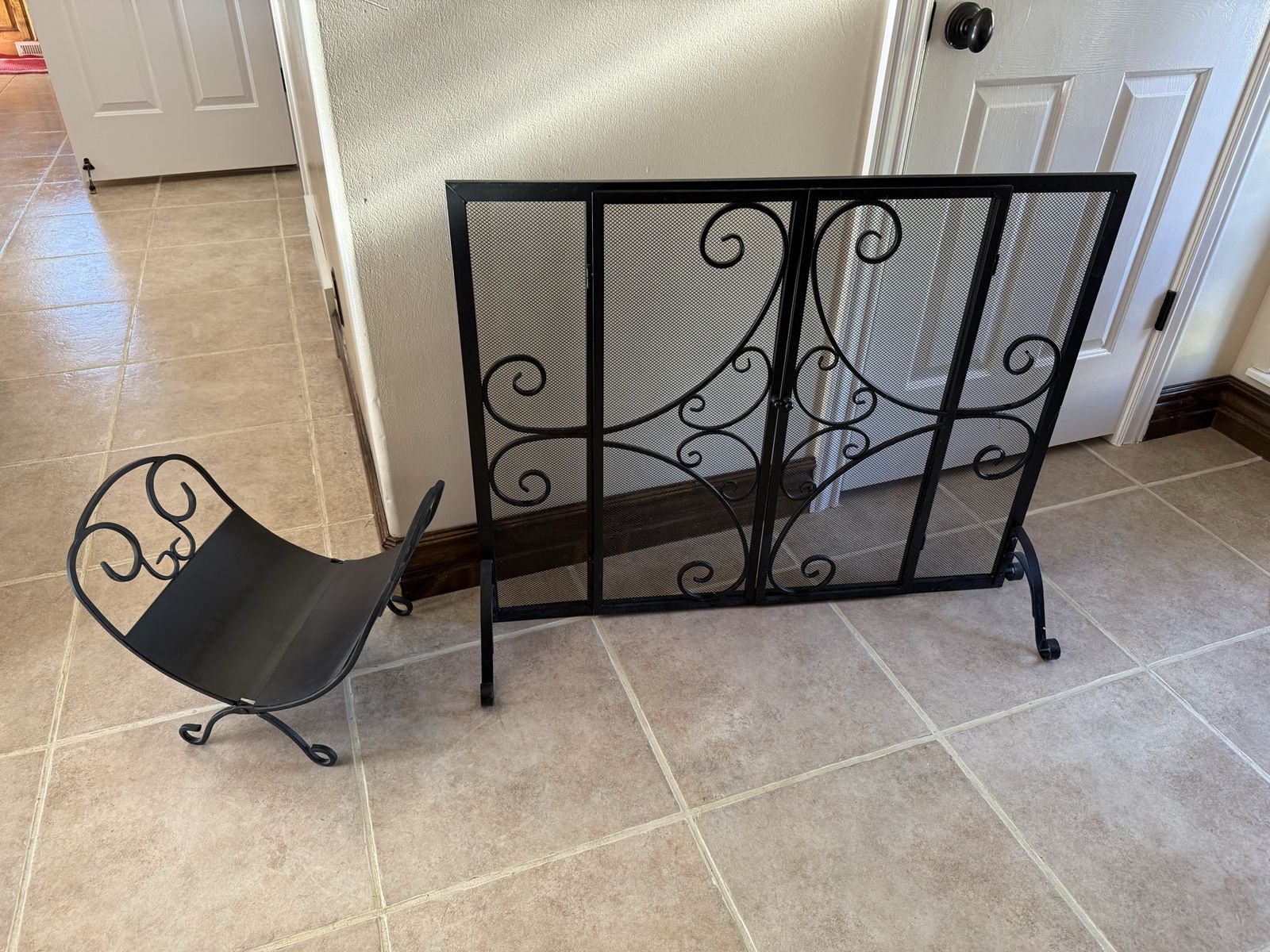 Fireplace metal scroll style screen 39” Long 31” tall  $100 wood container $30