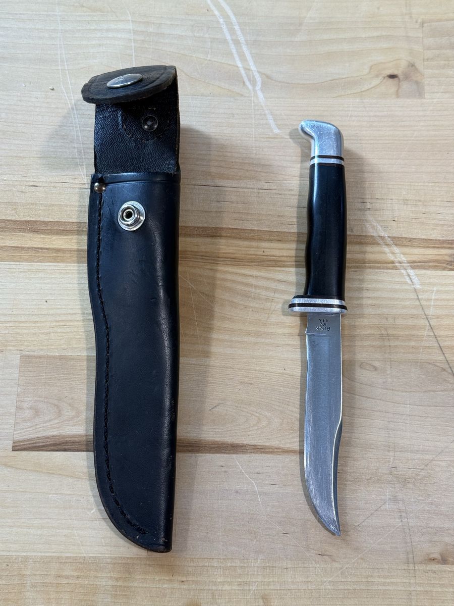Vintage BUCK 102 Woodsman Fixed Blade Hunting Knife with Original Black Leather Sheath USA