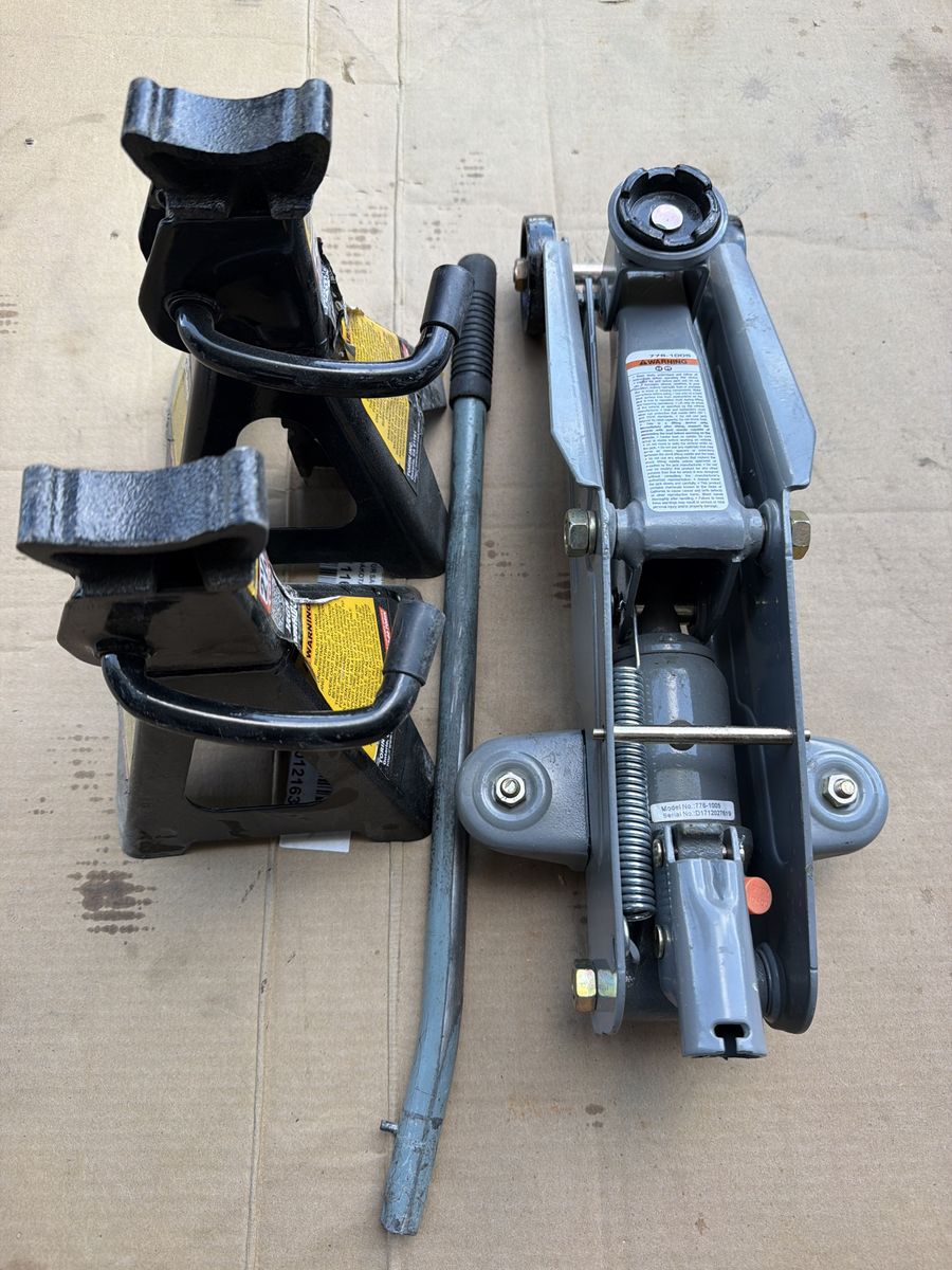 Unbranded Gray Floor Jack & Black Jack Stands - Auto Repair Set