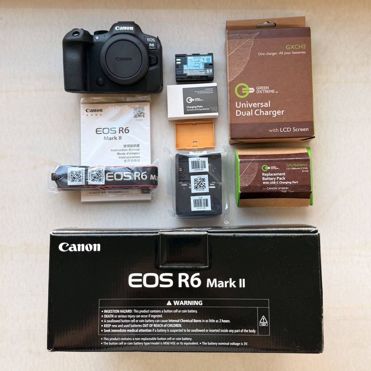 Mint! Canon R6II camera w/two batteries, strap, chargers, original box