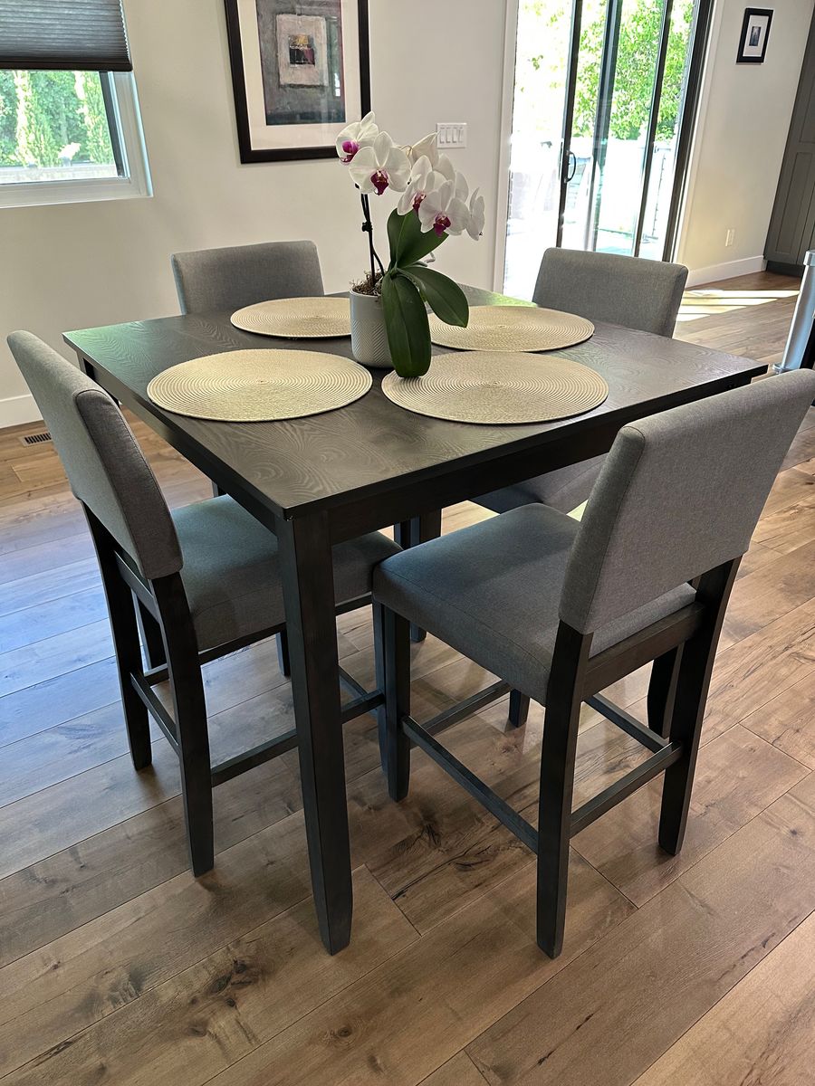 Dark Wood Counter-Height Dining Table with 4 Gray Upholstered Chairs - Modern 5-Piece Set