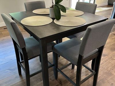 Dark Wood Counter-Height Dining Table with 4 Gray Upholstered Chairs - Modern 5-Piece Set