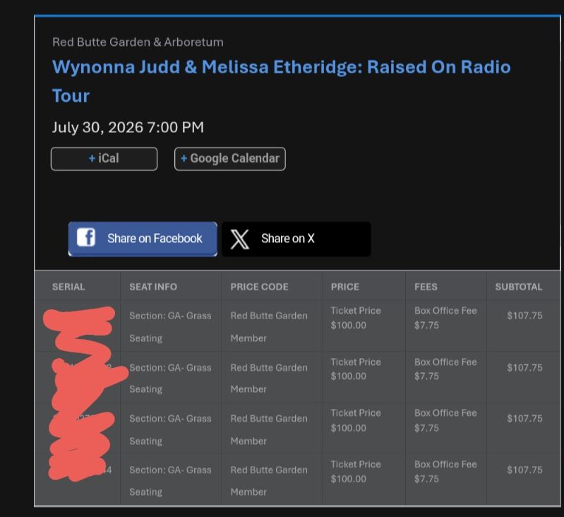 Wynona Judd and Melissa Etheridge 4 Tickets