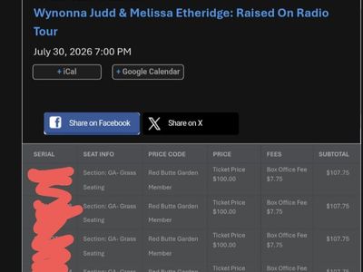 Wynona Judd and Melissa Etheridge 4 Tickets