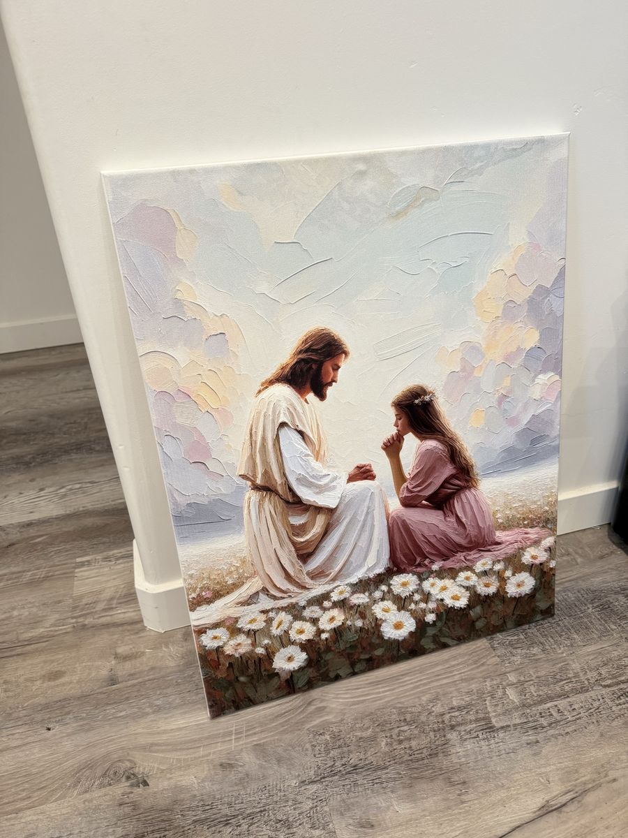 Jesus with girl in field of daisies cavas