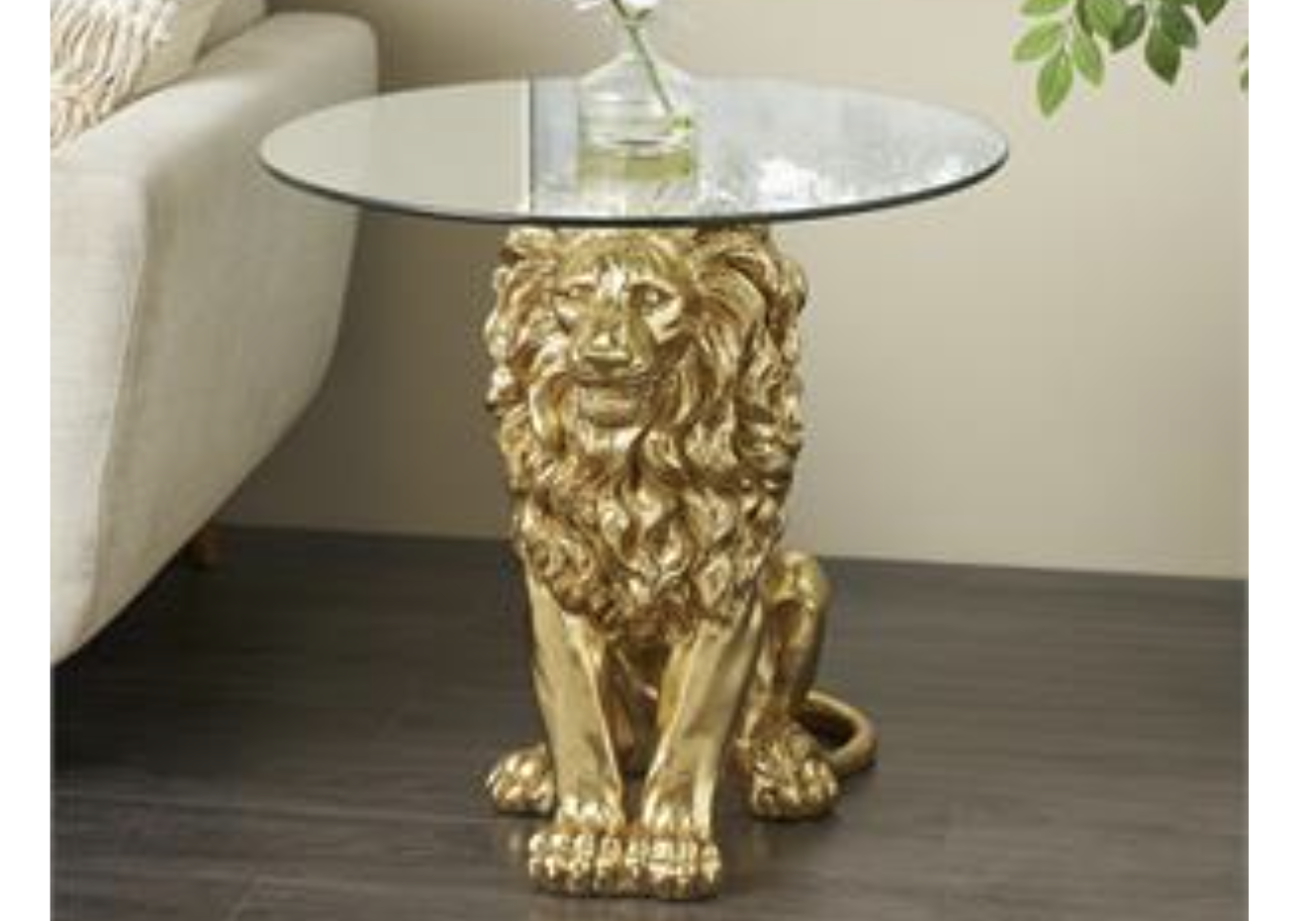 Brand New Resin Lion Sitting Side End Accent Table with Glass Tabletop - Gold - Roche River Decor