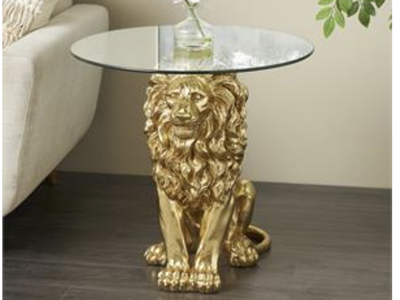 Brand New Resin Lion Sitting Side End Accent Table with Glass Tabletop - Gold - Roche River Decor