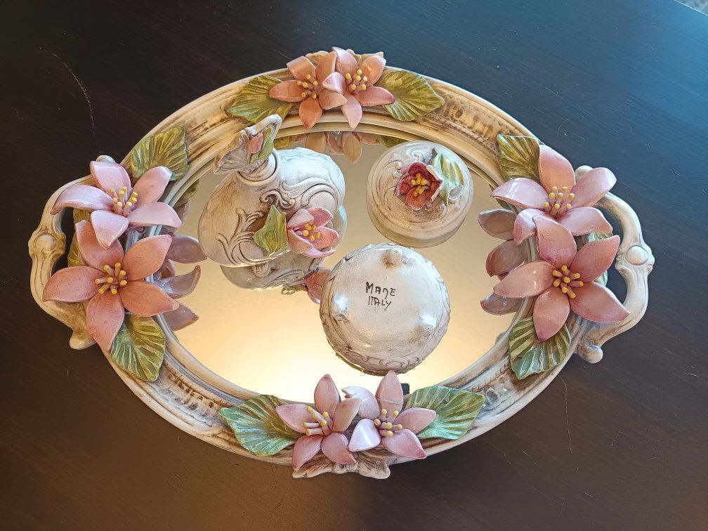 Decorative Porcelain Vanity Set with Mirrored Tray and Pink Floral Accents