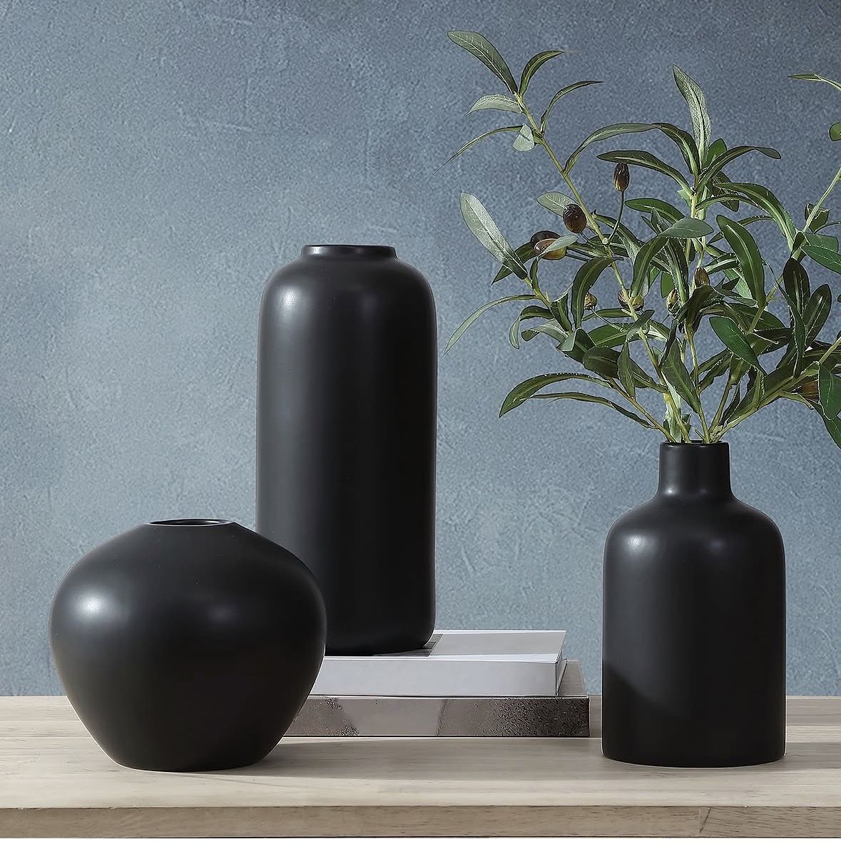 Set of 3 Black Matte Ceramic Vases - Modern Decorative Stoneware Halloween Fall decor