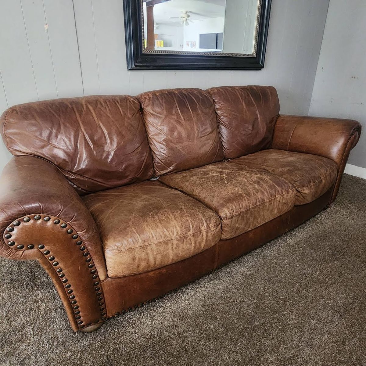 Brown Leather Sofa with Nailhead Trim