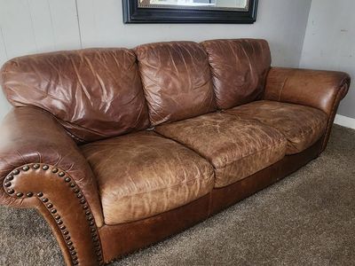 Brown Leather Sofa with Nailhead Trim