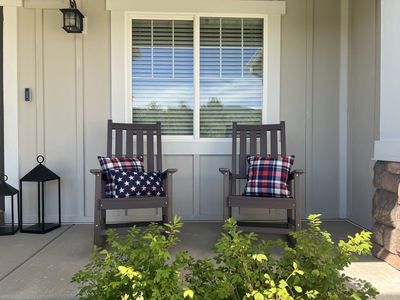 Set of 2 Outdoor Rocking Chairs - All-Weather Resin, Brown Wood Grain Finish