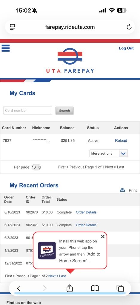 UTA Farepay Card $290 Value $140