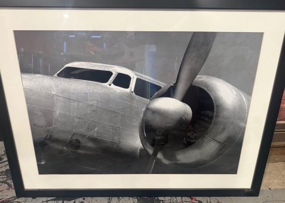 Black and White Framed Airplane Propeller Art Print Wall Decor 34” x 26” approximately