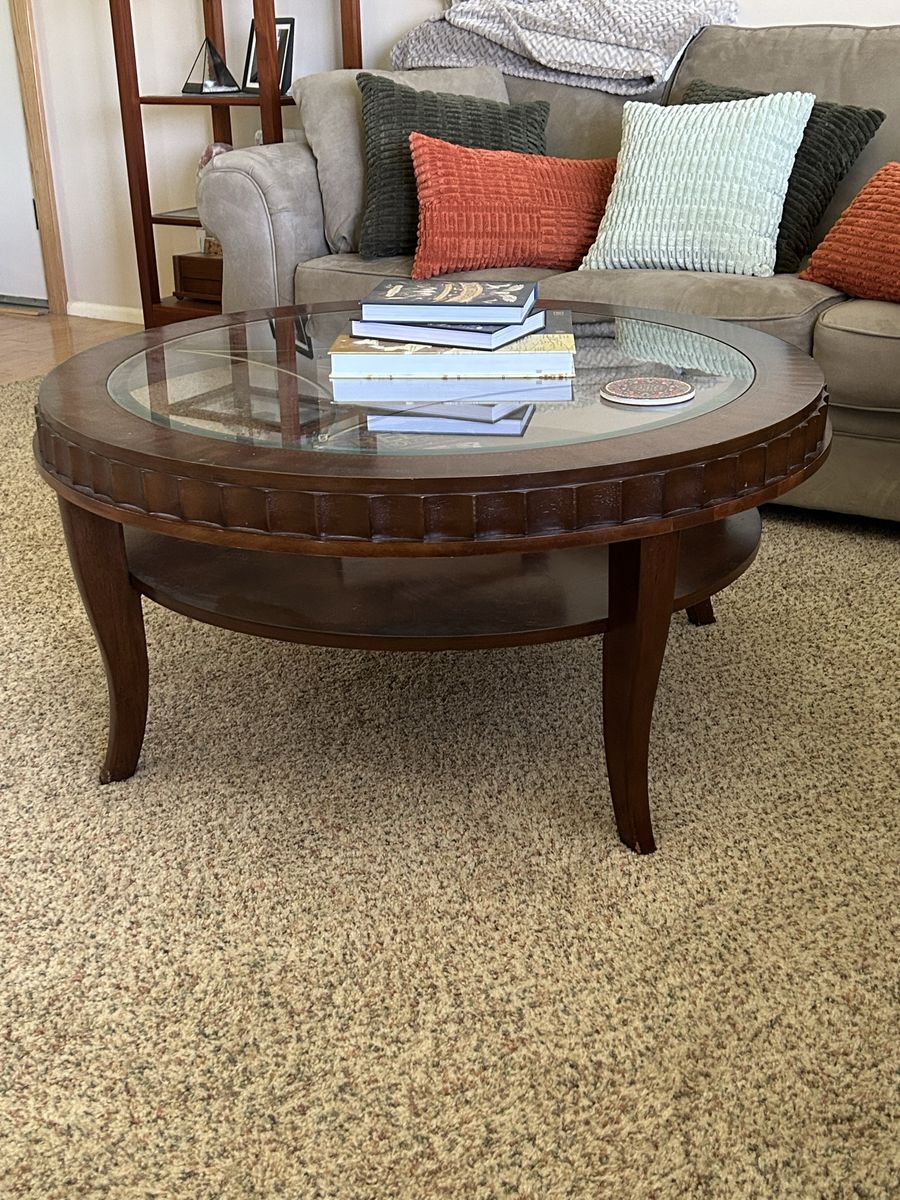 Round Wood & Glass Coffee Table with Lower Shelf and Matching End Table Set
