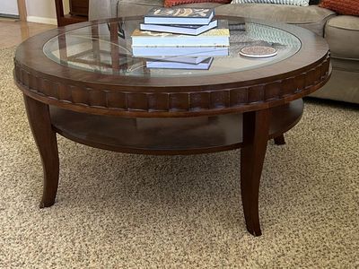Round Wood & Glass Coffee Table with Lower Shelf and Matching End Table Set