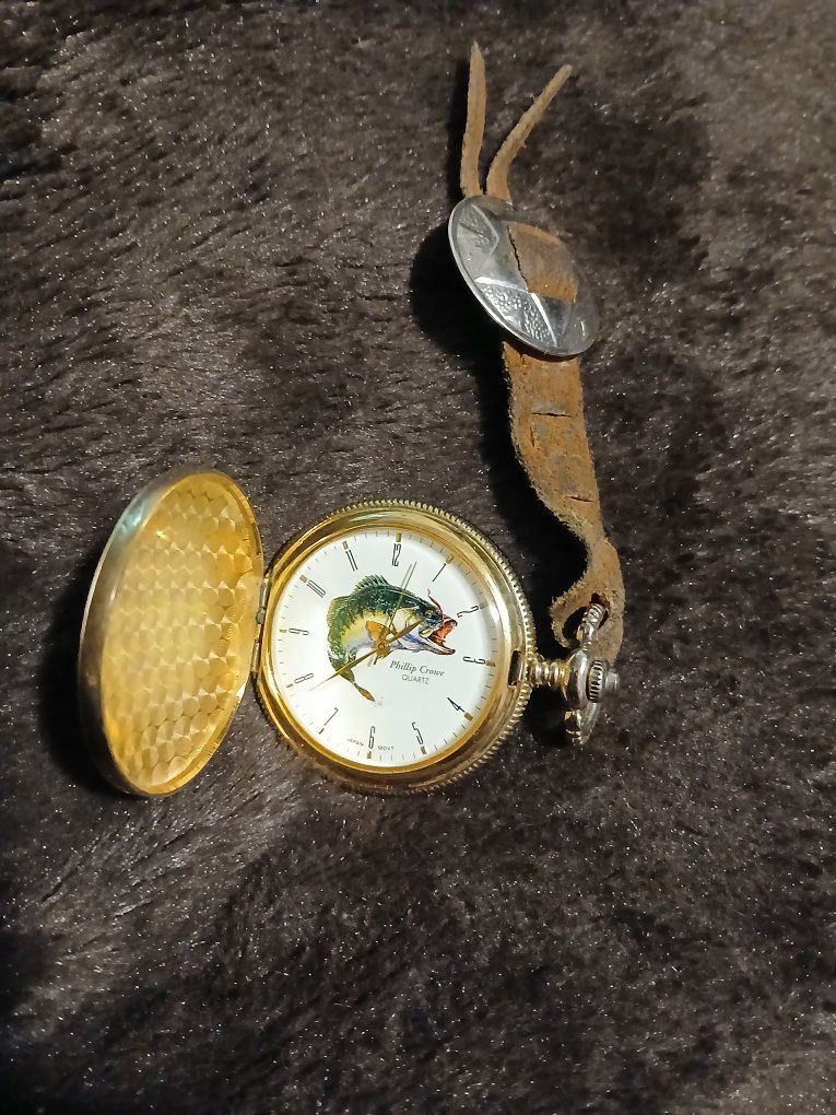 Phillip Crowe Bass Fish Pocket Watch with Leather Fob Strap