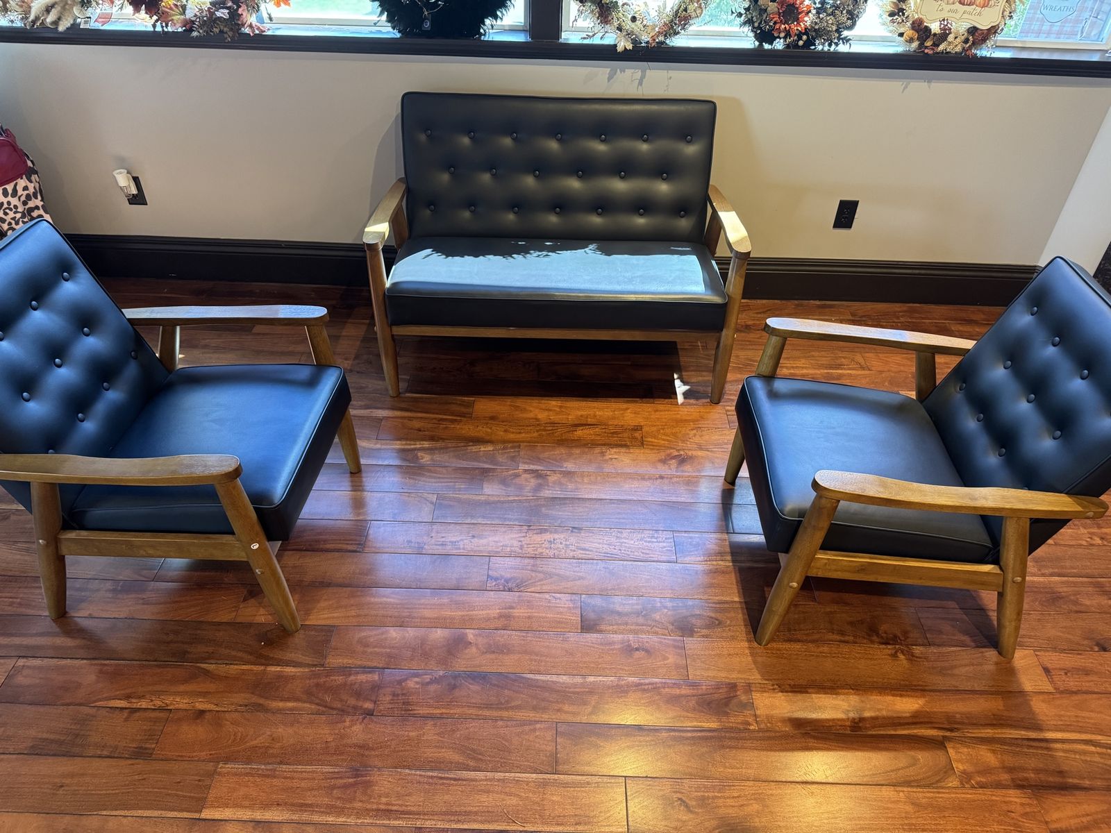 Mid-Century Modern Black Leather & Wood Living Room Set - Sofa & 2 Chairs