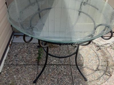 Round Glass Top Patio Table - Wrought Iron Style Base